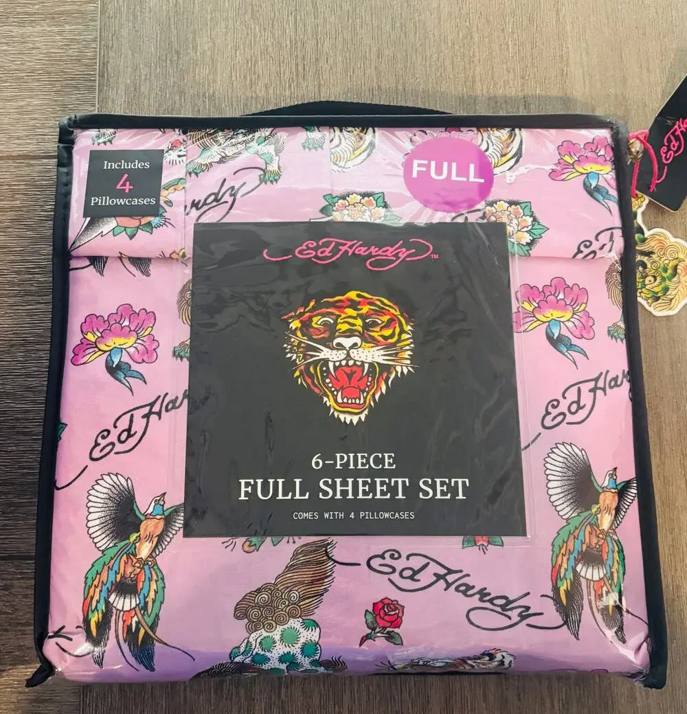 Ed‎ Hardy Full Size Sheet Set 6-Piece Purple Tiger Bird Print Bedding New
